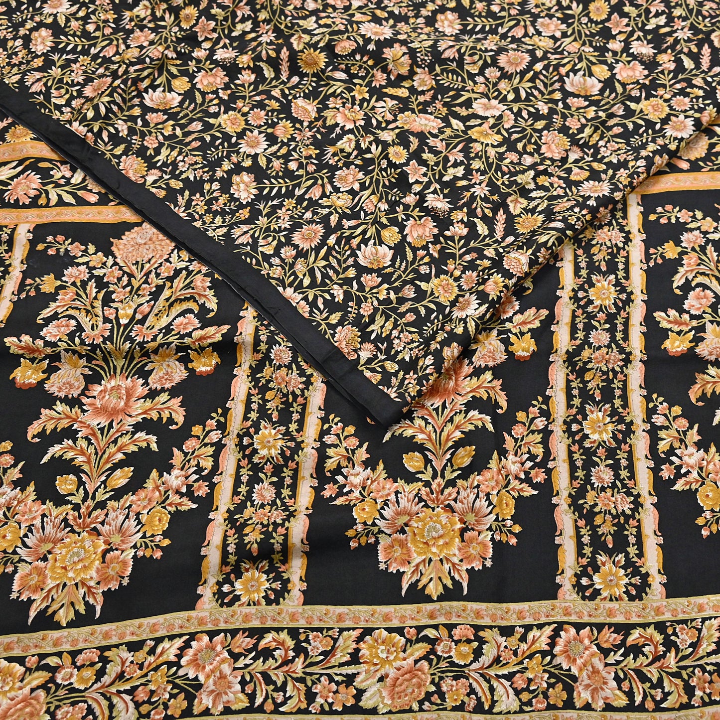 Vintage Sari Black Pure Silk Printed Saree Craft Fabric 6yard Sewing Floral Soft Dress Designing for Crafting Upcycle Quilting