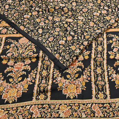 Vintage Sari Black Pure Silk Printed Saree Craft Fabric 6yard Sewing Floral Soft Dress Designing for Crafting Upcycle Quilting