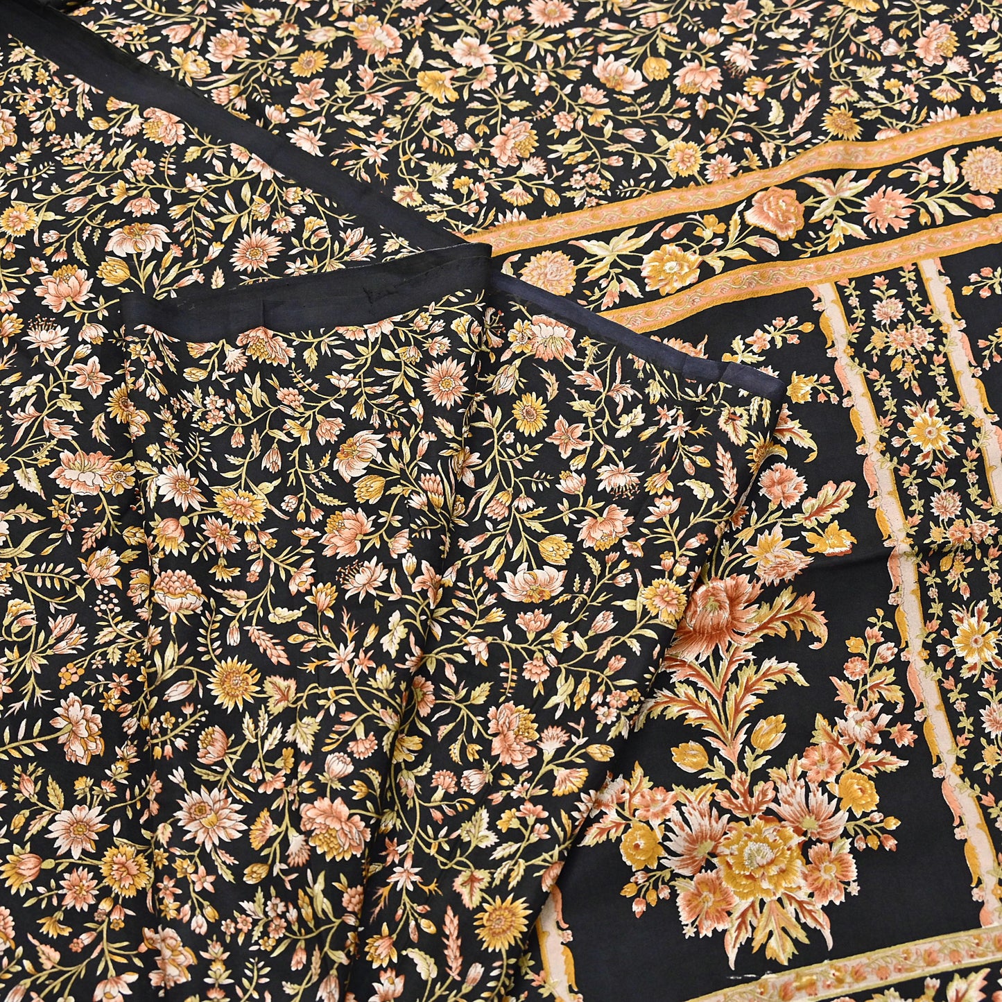 Vintage Sari Black Pure Silk Printed Saree Craft Fabric 6yard Sewing Floral Soft Dress Designing for Crafting Upcycle Quilting