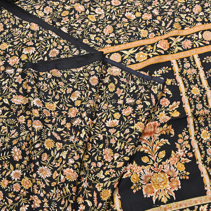Vintage Sari Black Pure Silk Printed Saree Craft Fabric 6yard Sewing Floral Soft Dress Designing for Crafting Upcycle Quilting