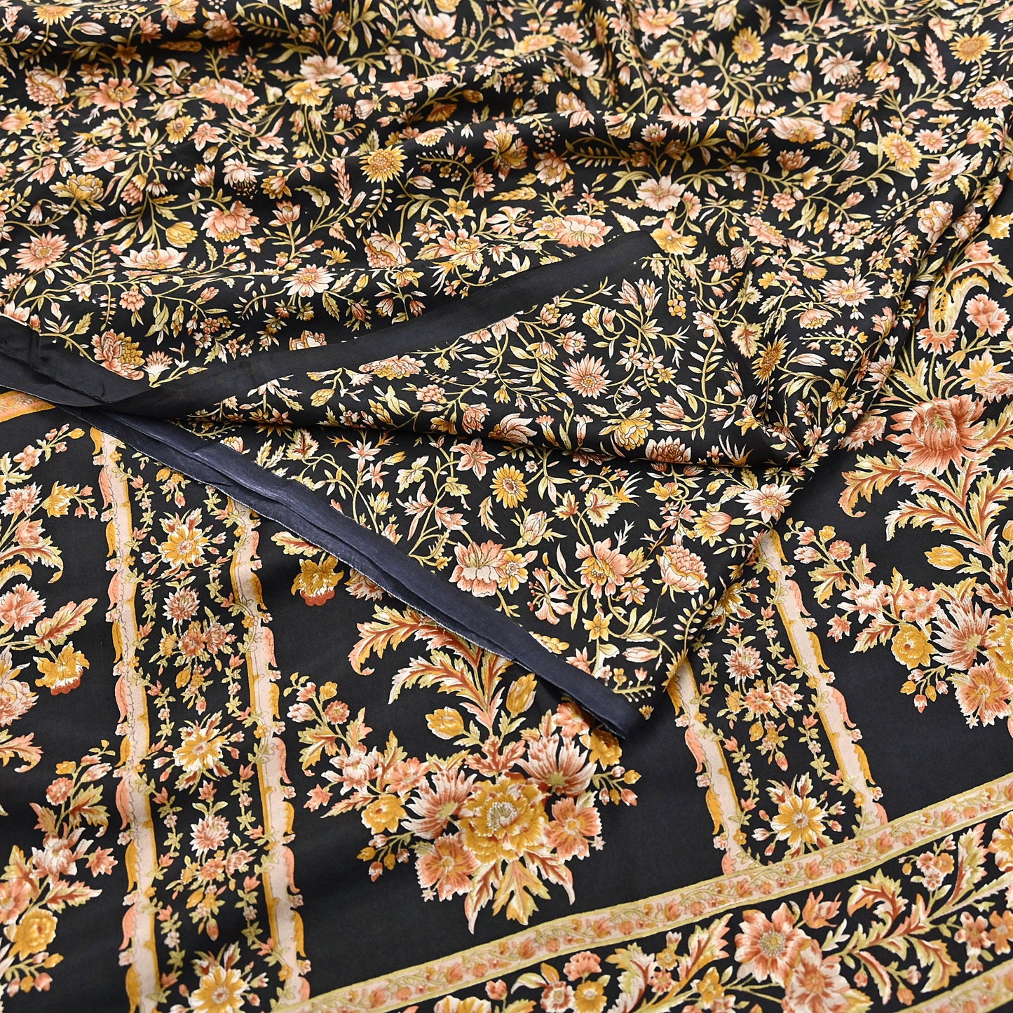 Vintage Sari Black Pure Silk Printed Saree Craft Fabric 6yard Sewing Floral Soft Dress Designing for Crafting Upcycle Quilting
