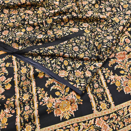 Vintage Sari Black Pure Silk Printed Saree Craft Fabric 6yard Sewing Floral Soft Dress Designing for Crafting Upcycle Quilting