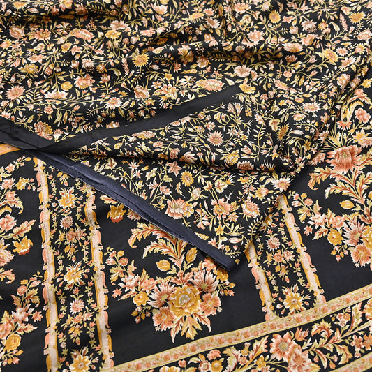 Vintage Sari Black Pure Silk Printed Saree Craft Fabric 6yard Sewing Floral Soft Dress Designing for Crafting Upcycle Quilting