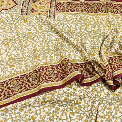 Indian Vintage white Pure Silk Saree Printed Floral Silk Fabric 6Yard Soft Sewing Material for Dressmaking, Quilting Crafts