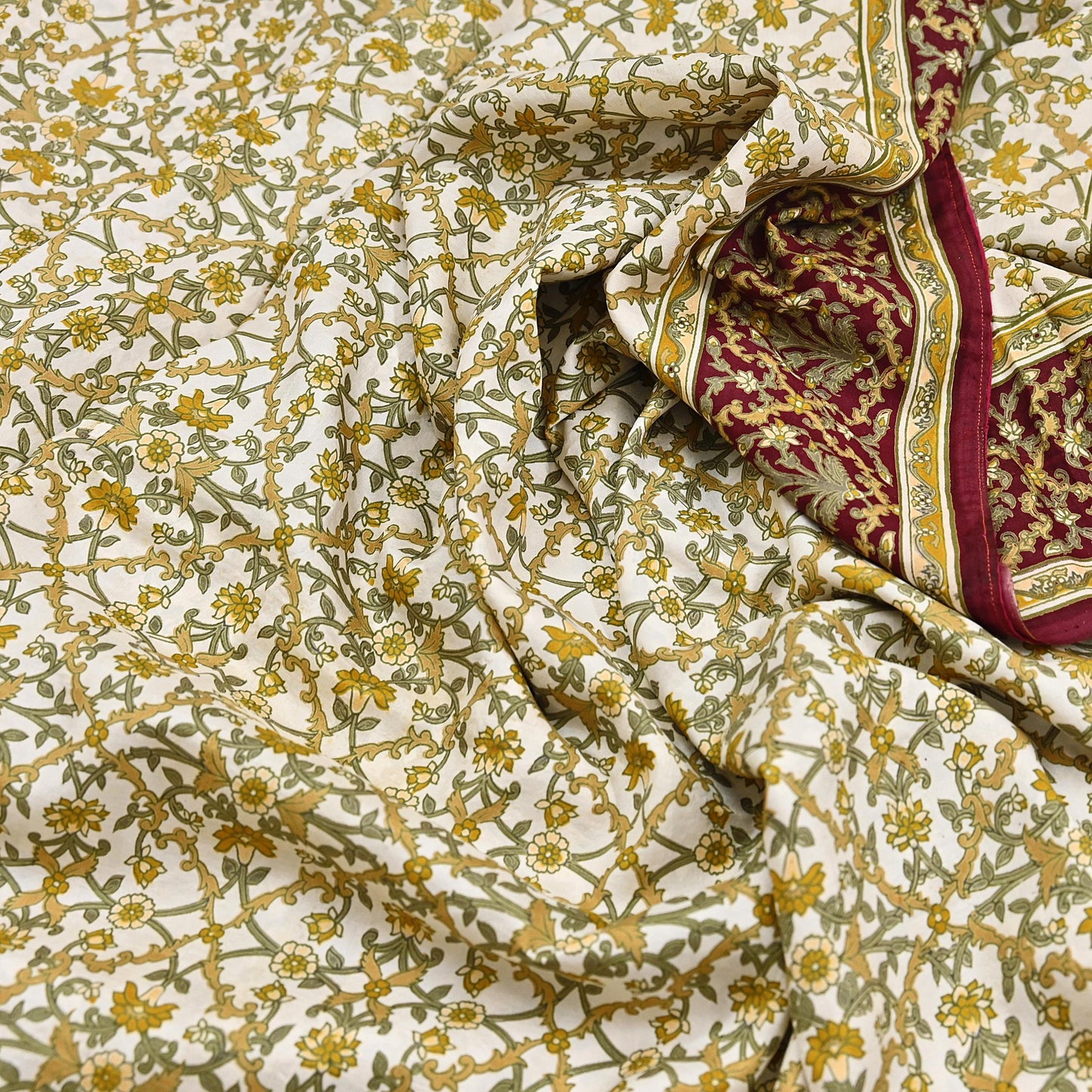 Indian Vintage white Pure Silk Saree Printed Floral Silk Fabric 6Yard Soft Sewing Material for Dressmaking, Quilting Crafts