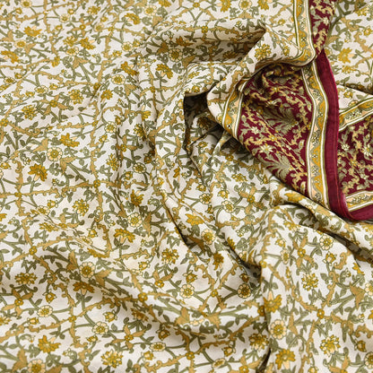 Indian Vintage white Pure Silk Saree Printed Floral Silk Fabric 6Yard Soft Sewing Material for Dressmaking, Quilting Crafts