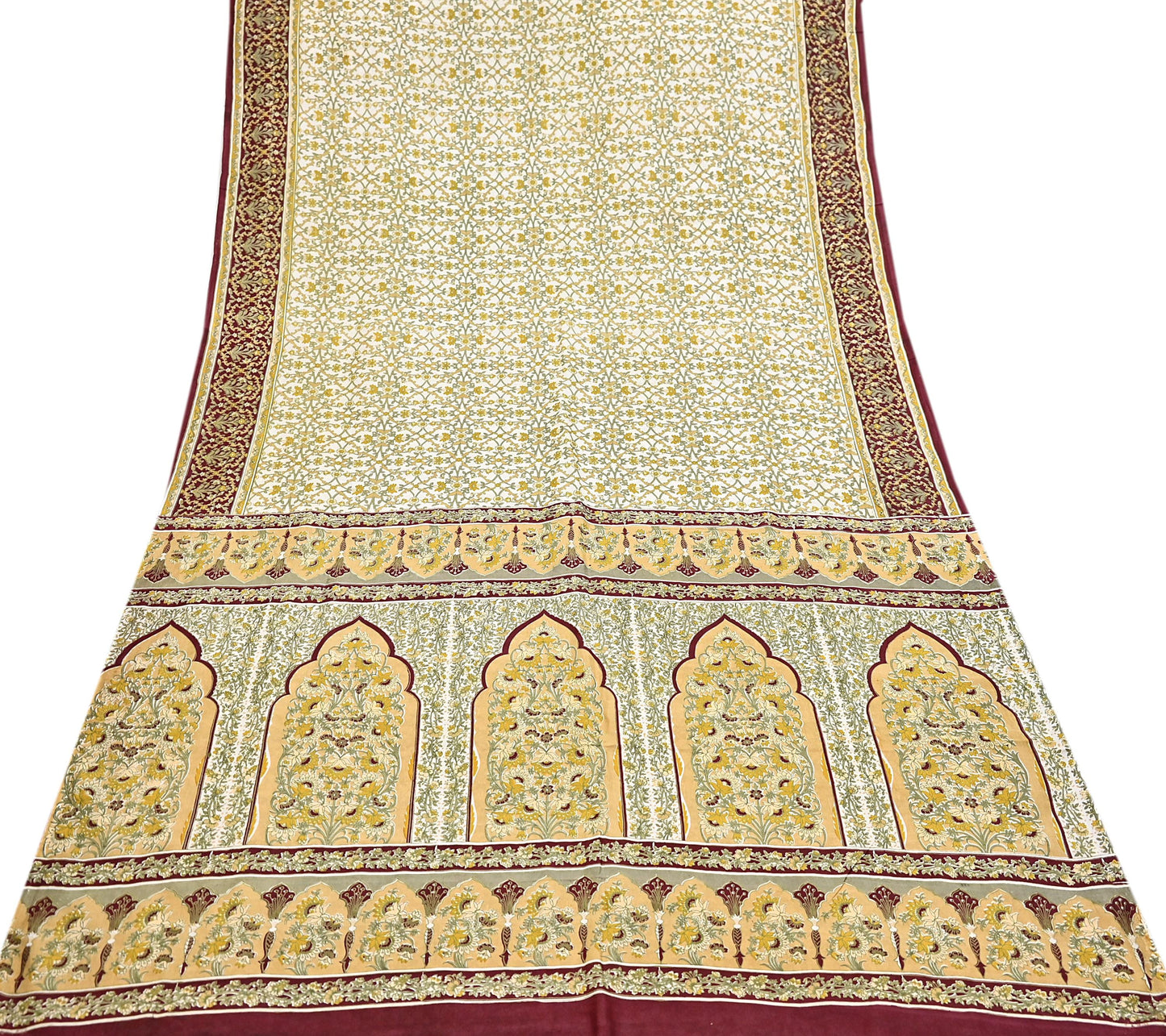 Indian Vintage white Pure Silk Saree Printed Floral Silk Fabric 6Yard Soft Sewing Material for Dressmaking, Quilting Crafts