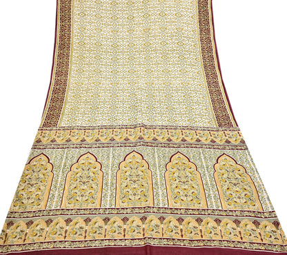 Indian Vintage white Pure Silk Saree Printed Floral Silk Fabric 6Yard Soft Sewing Material for Dressmaking, Quilting Crafts