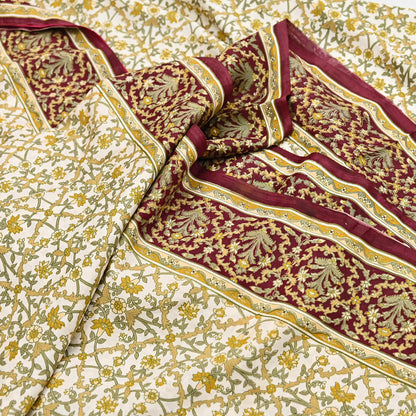 Indian Vintage white Pure Silk Saree Printed Floral Silk Fabric 6Yard Soft Sewing Material for Dressmaking, Quilting Crafts