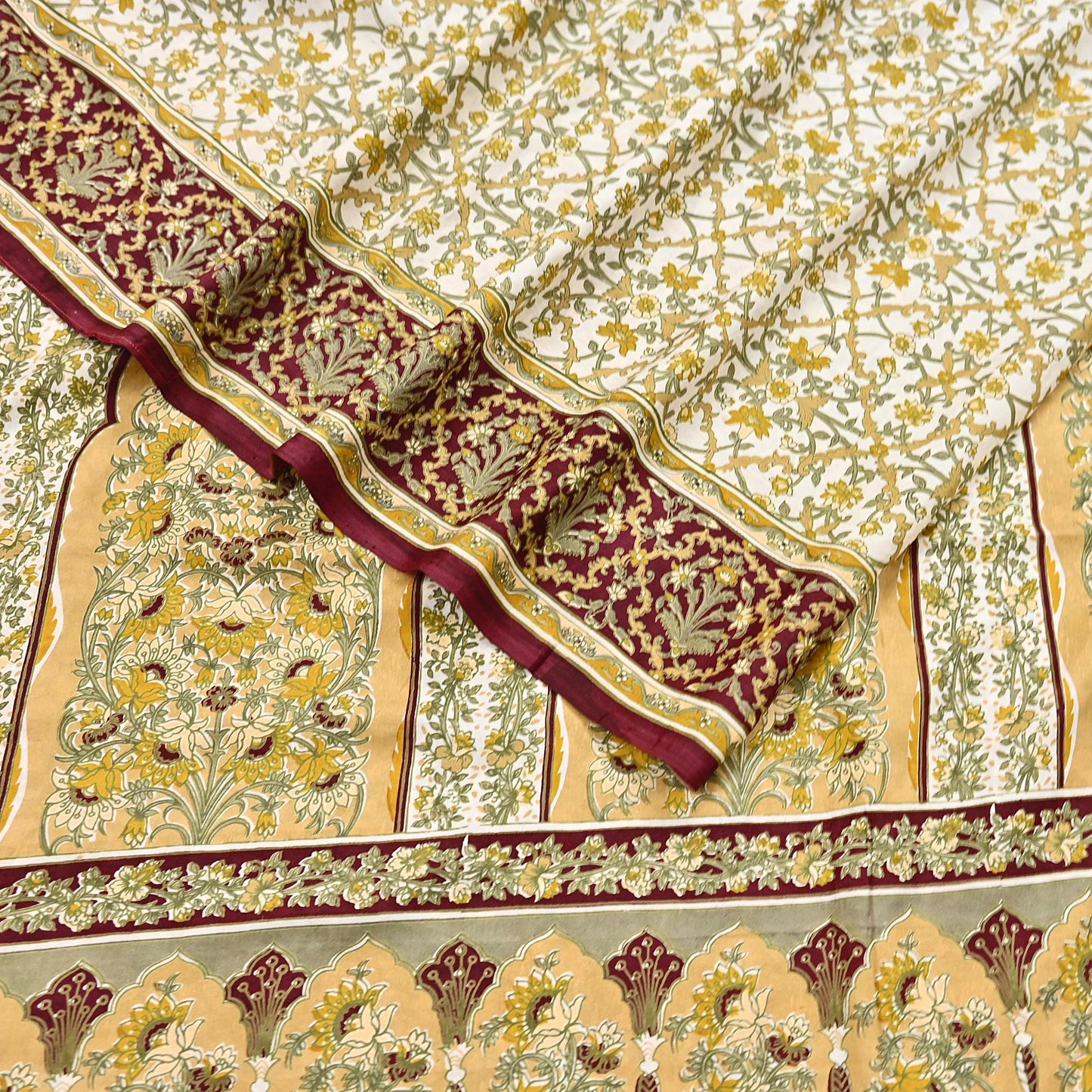 Indian Vintage white Pure Silk Saree Printed Floral Silk Fabric 6Yard Soft Sewing Material for Dressmaking, Quilting Crafts