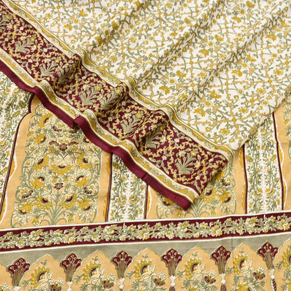 Indian Vintage white Pure Silk Saree Printed Floral Silk Fabric 6Yard Soft Sewing Material for Dressmaking, Quilting Crafts