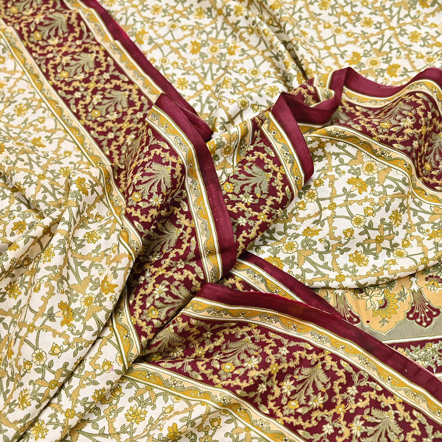 Indian Vintage white Pure Silk Saree Printed Floral Silk Fabric 6Yard Soft Sewing Material for Dressmaking, Quilting Crafts