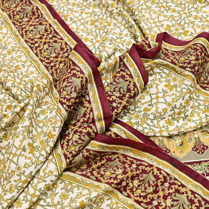 Indian Vintage white Pure Silk Saree Printed Floral Silk Fabric 6Yard Soft Sewing Material for Dressmaking, Quilting Crafts