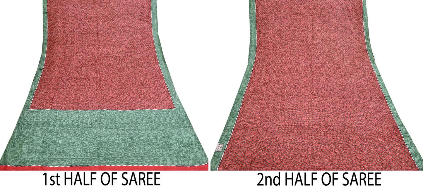 Indian Vintage Maroon & Green Saree Pure Silk Printed Indian Sari Fabric 5yd Sewing Craft Fabric DressMaking Soft