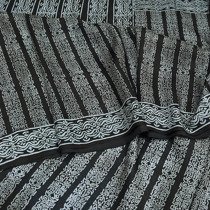 Indian Vintage Black Pure Silk Saree Printed Floral & Striped Design 5Yards Soft Craft Fabric for Dressmaking, Quilting,  Upcycling