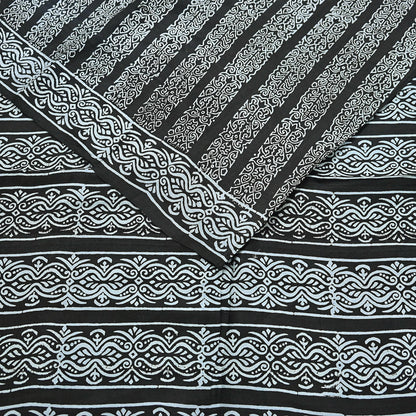 Indian Vintage Black Pure Silk Saree Printed Floral & Striped Design 5Yards Soft Craft Fabric for Dressmaking, Quilting,  Upcycling