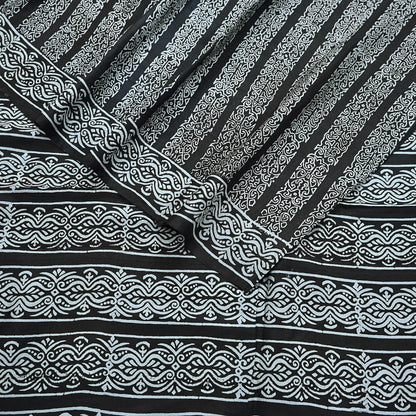 Indian Vintage Black Pure Silk Saree Printed Floral & Striped Design 5Yards Soft Craft Fabric for Dressmaking, Quilting,  Upcycling