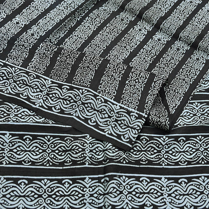 Indian Vintage Black Pure Silk Saree Printed Floral & Striped Design 5Yards Soft Craft Fabric for Dressmaking, Quilting,  Upcycling