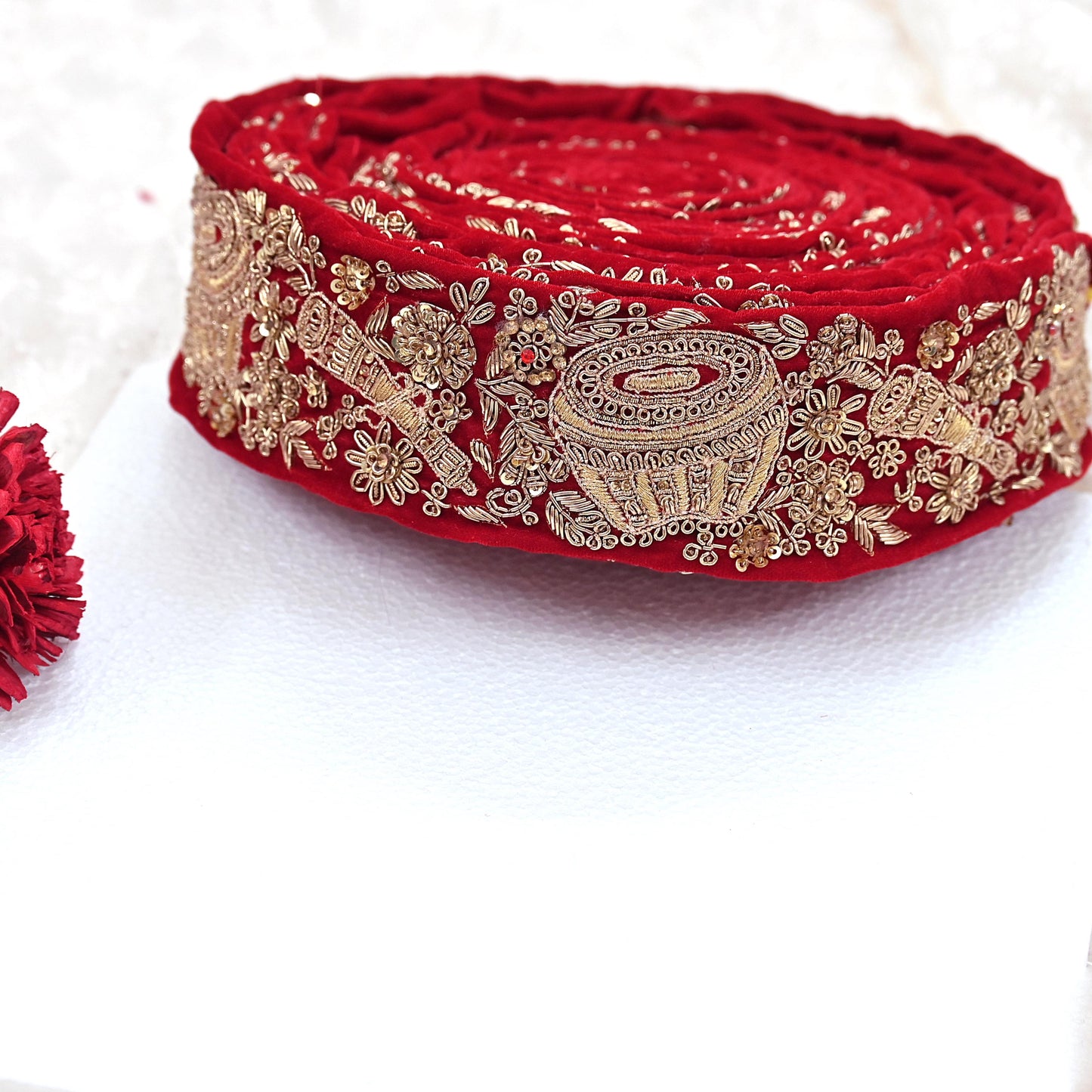 Indian Red Velvet Sari Border 1Yd Hand Embroidered Dabka Lace Trim Sewing Craft Ribbon Dress Decor