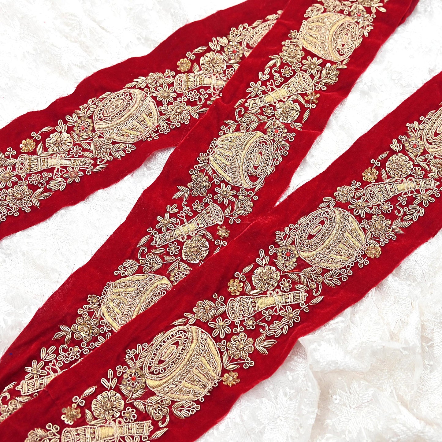 Indian Red Velvet Sari Border 1Yd Hand Embroidered Dabka Lace Trim Sewing Craft Ribbon Dress Decor