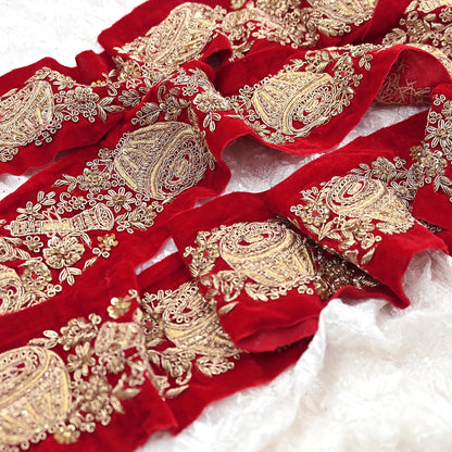 Indian Red Velvet Sari Border 1Yd Hand Embroidered Dabka Lace Trim Sewing Craft Ribbon Dress Decor
