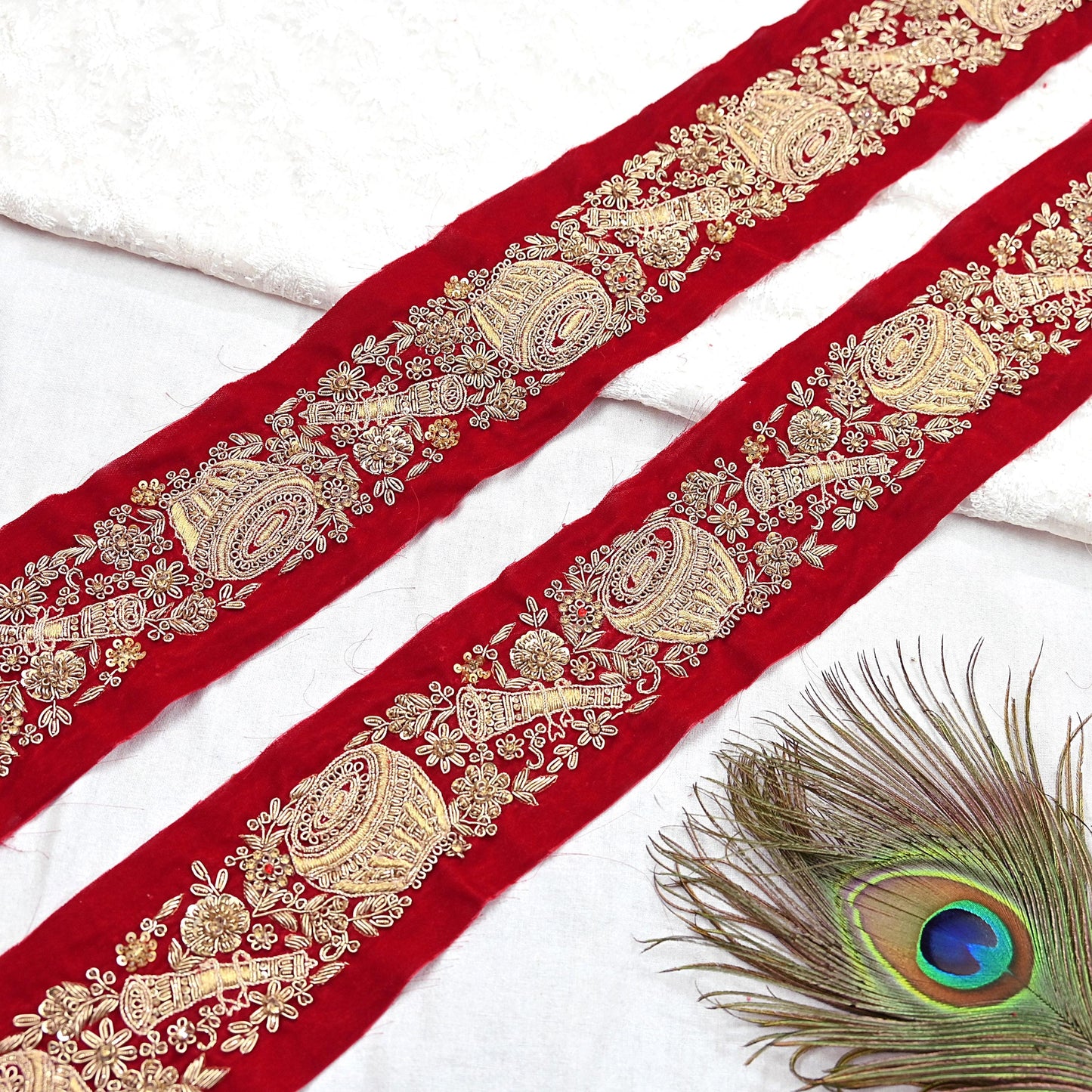 Indian Red Velvet Sari Border 1Yd Hand Embroidered Dabka Lace Trim Sewing Craft Ribbon Dress Decor
