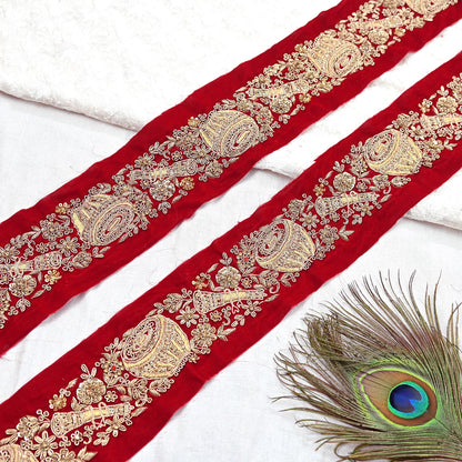 Indian Red Velvet Sari Border 1Yd Hand Embroidered Dabka Lace Trim Sewing Craft Ribbon Dress Decor