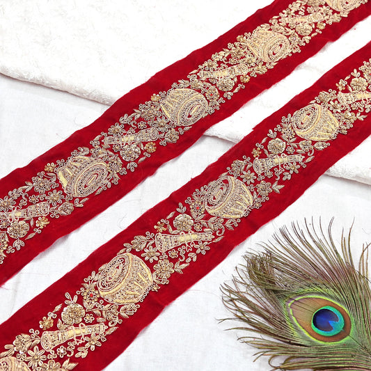 Indian Red Velvet Sari Border 1Yd Hand Embroidered Dabka Lace Trim Sewing Craft Ribbon Dress Decor