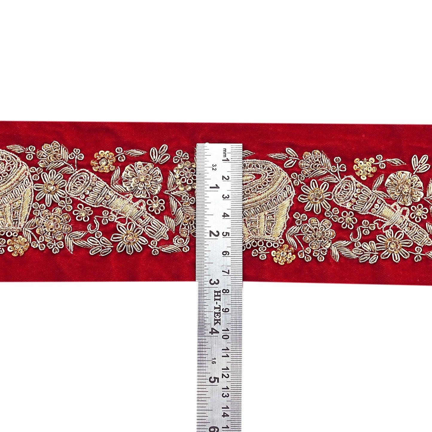 Indian Red Velvet Sari Border 1Yd Hand Embroidered Dabka Lace Trim Sewing Craft Ribbon Dress Decor