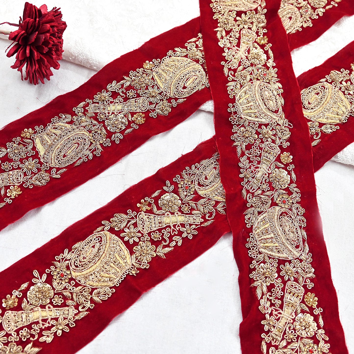 Indian Red Velvet Sari Border 1Yd Hand Embroidered Dabka Lace Trim Sewing Craft Ribbon Dress Decor