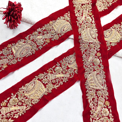 Indian Red Velvet Sari Border 1Yd Hand Embroidered Dabka Lace Trim Sewing Craft Ribbon Dress Decor