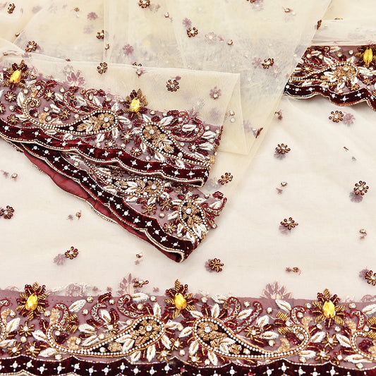 Indian Vintage Heavy Ivory Dupatta Net Mesh Long Stole Hand Embroidered Scarves Golden Zardozi Dabka Zari Stole