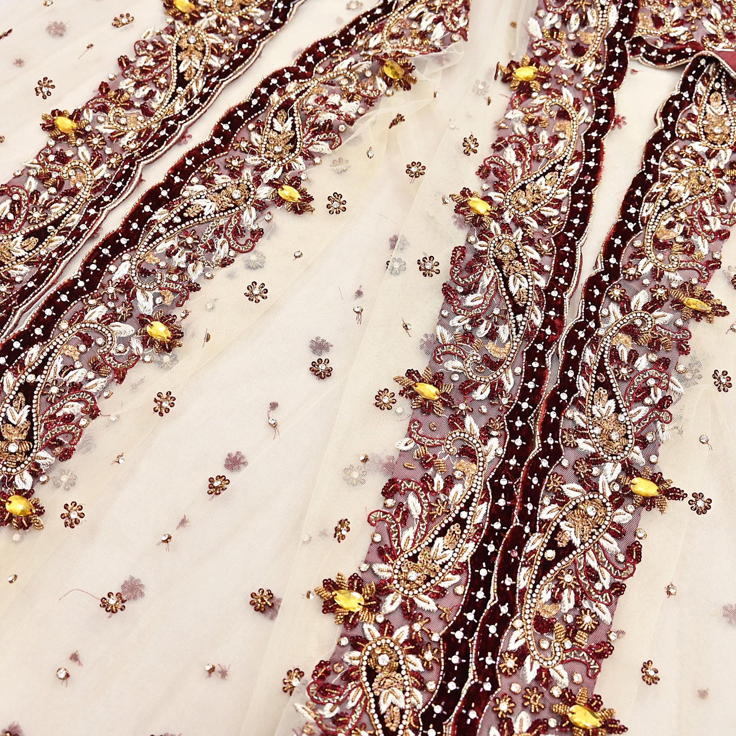 Indian Vintage Heavy Ivory Dupatta Net Mesh Long Stole Hand Embroidered Scarves Golden Zardozi Dabka Zari Stole