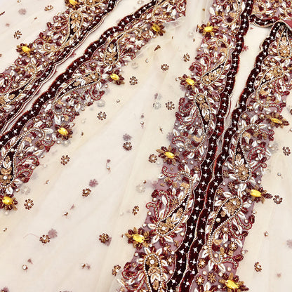 Indian Vintage Heavy Ivory Dupatta Net Mesh Long Stole Hand Embroidered Scarves Golden Zardozi Dabka Zari Stole