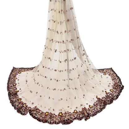 Indian Vintage Heavy Ivory Dupatta Net Mesh Long Stole Hand Embroidered Scarves Golden Zardozi Dabka Zari Stole