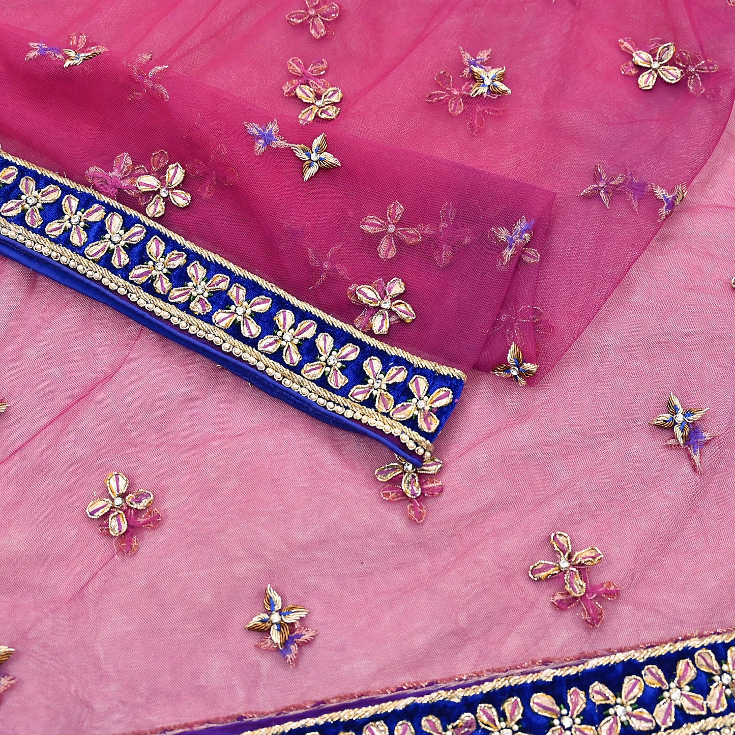 Indian Vintage Heavy Pink Dupatta Net Mesh Long Stole Hand Embroidered Scarf Golden Zardozi Zari Glass Beaded Stole