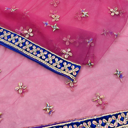 Indian Vintage Heavy Pink Dupatta Net Mesh Long Stole Hand Embroidered Scarf Golden Zardozi Zari Glass Beaded Stole