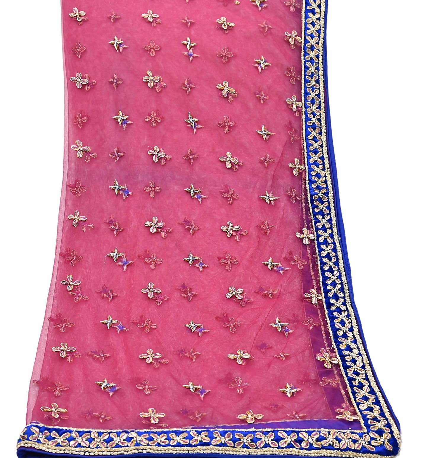 Indian Vintage Heavy Pink Dupatta Net Mesh Long Stole Hand Embroidered Scarf Golden Zardozi Zari Glass Beaded Stole