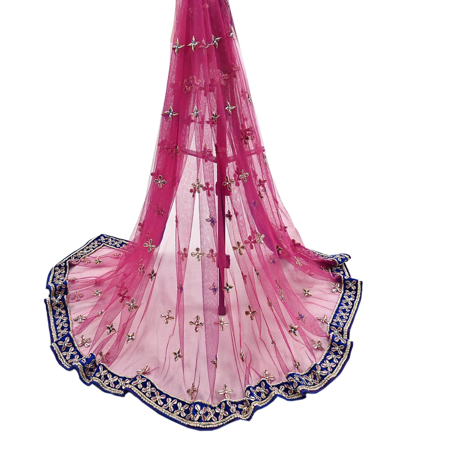 Indian Vintage Heavy Pink Dupatta Net Mesh Long Stole Hand Embroidered Scarf Golden Zardozi Zari Glass Beaded Stole