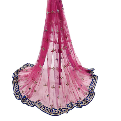 Indian Vintage Heavy Pink Dupatta Net Mesh Long Stole Hand Embroidered Scarf Golden Zardozi Zari Glass Beaded Stole