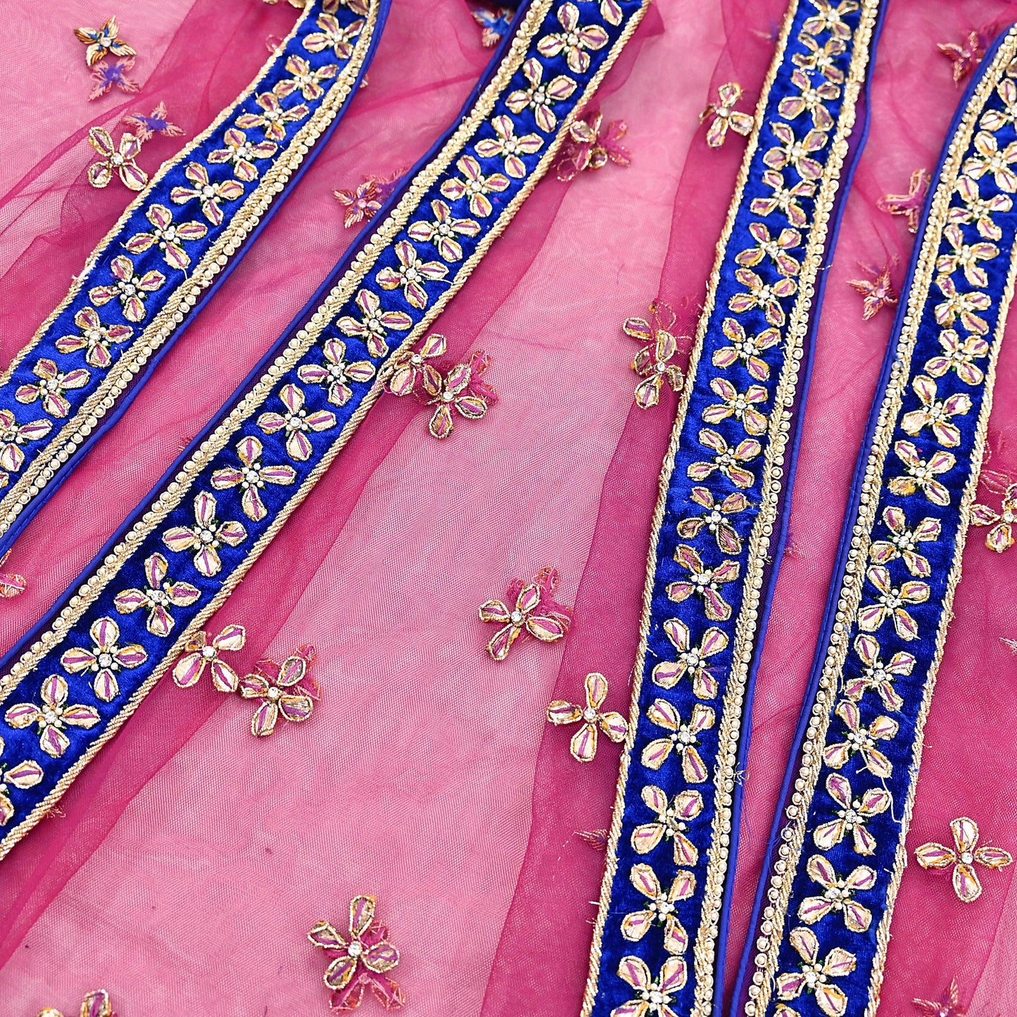 Indian Vintage Heavy Pink Dupatta Net Mesh Long Stole Hand Embroidered Scarf Golden Zardozi Zari Glass Beaded Stole