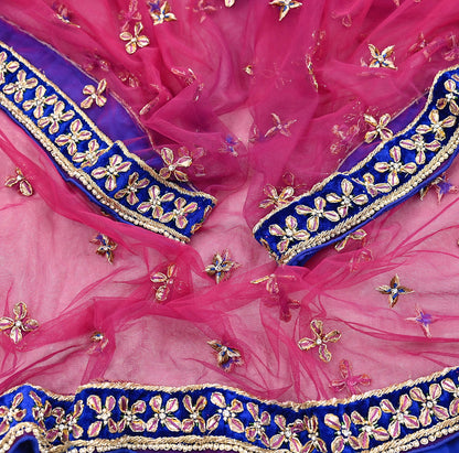 Indian Vintage Heavy Pink Dupatta Net Mesh Long Stole Hand Embroidered Scarf Golden Zardozi Zari Glass Beaded Stole