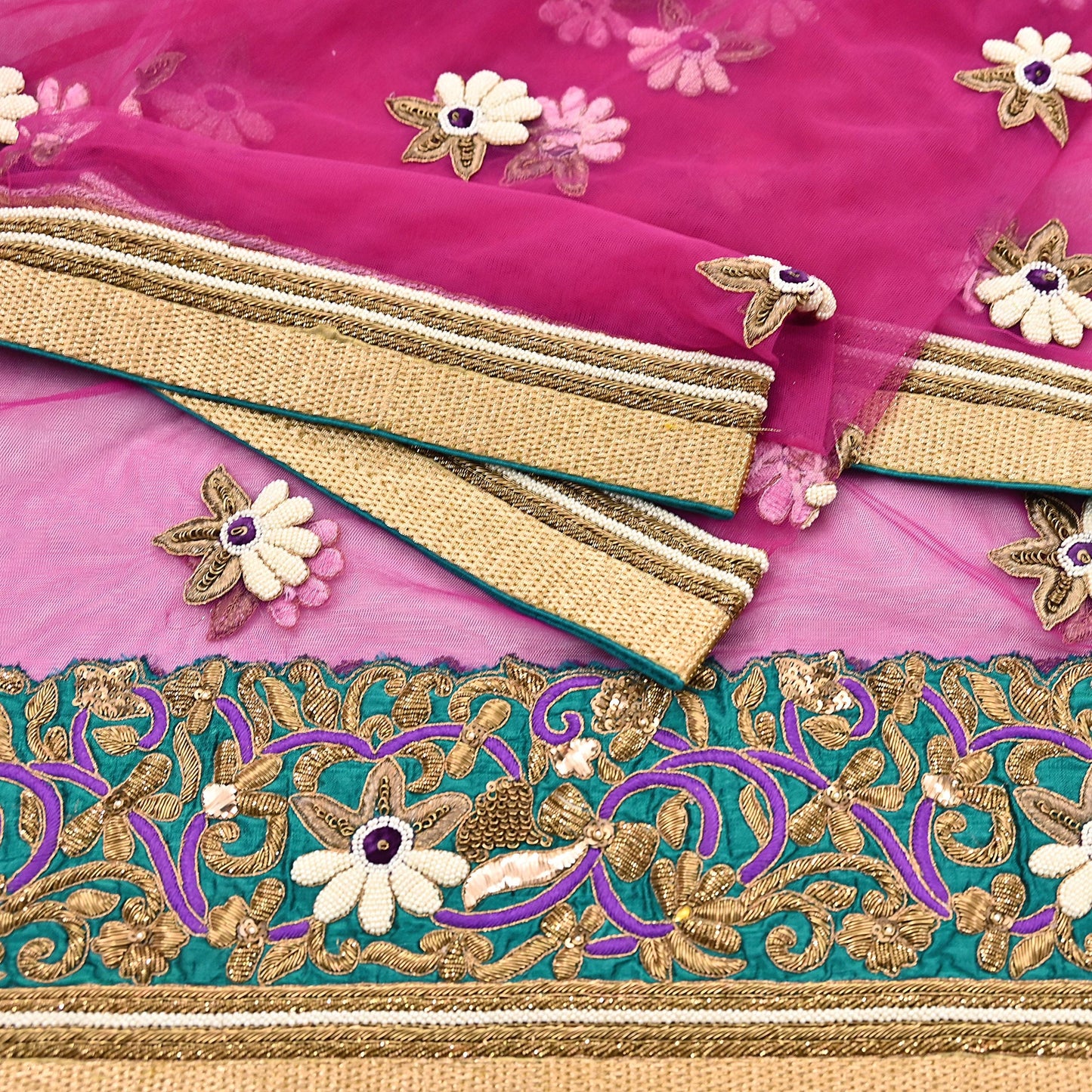 Indian Vintage Heavy Wedding Purple Dupatta Net Mesh Long Stole Hand Embroidered Scarves Golden Zardozi Dabka Zari Stole