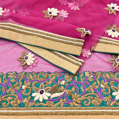 Indian Vintage Heavy Wedding Purple Dupatta Net Mesh Long Stole Hand Embroidered Scarves Golden Zardozi Dabka Zari Stole