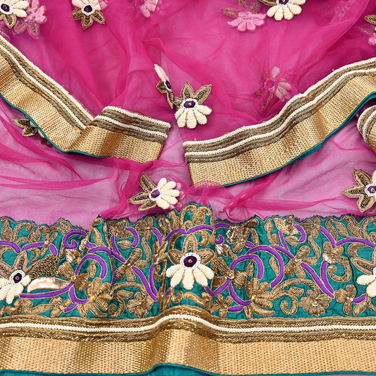 Indian Vintage Heavy Wedding Purple Dupatta Net Mesh Long Stole Hand Embroidered Scarves Golden Zardozi Dabka Zari Stole