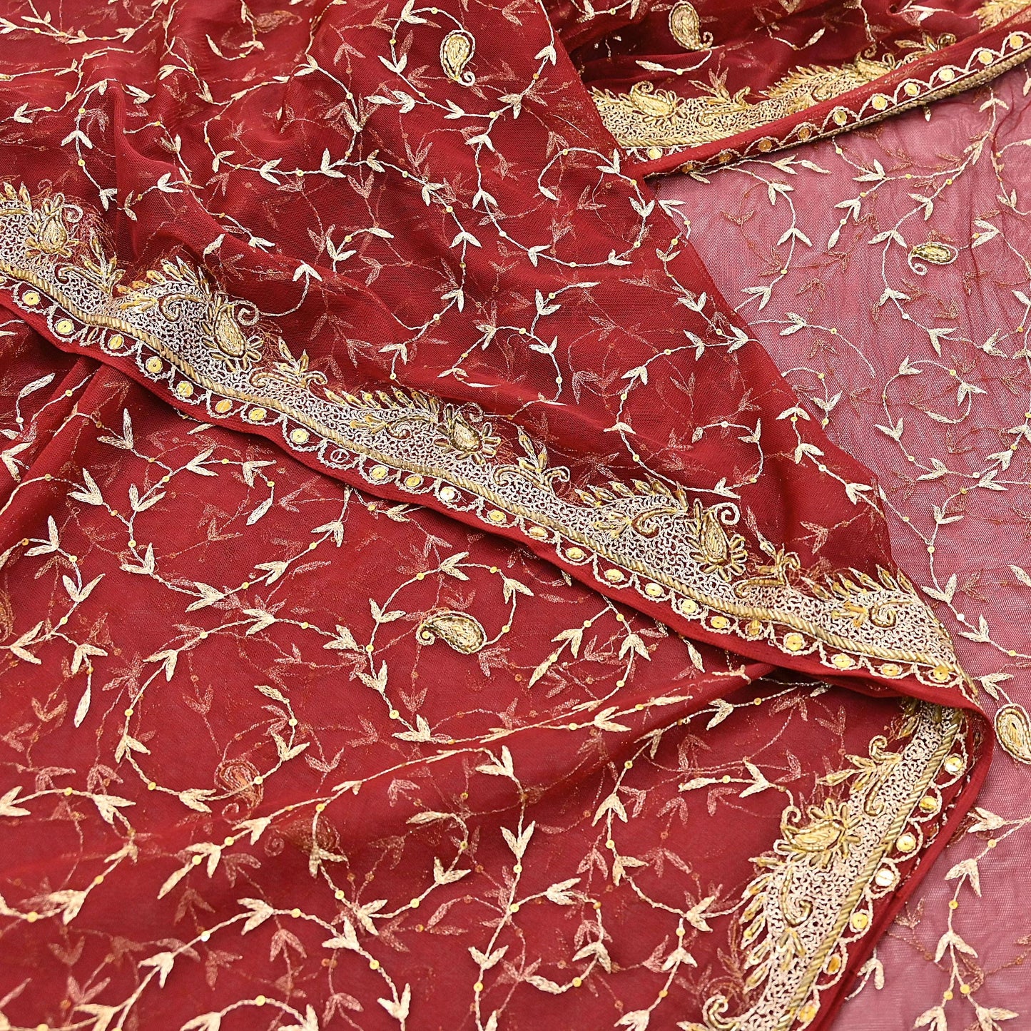 Indian Vintage Heavy Wedding Maroon Dupatta Net Mesh Long Stole Hand Embroidered Scarves Golden Zardozi Zari Sequins Dridal Veil Hijab