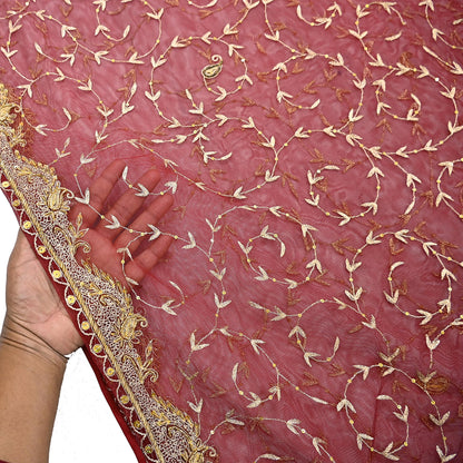 Indian Vintage Heavy Wedding Maroon Dupatta Net Mesh Long Stole Hand Embroidered Scarves Golden Zardozi Zari Sequins Dridal Veil Hijab