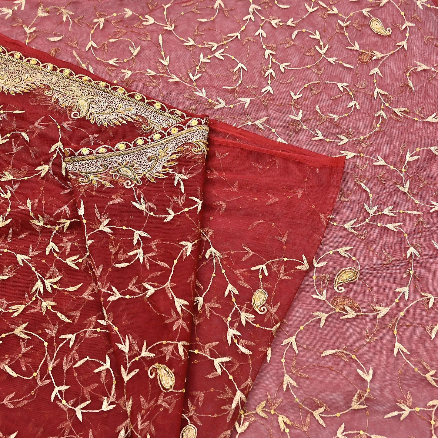 Indian Vintage Heavy Wedding Maroon Dupatta Net Mesh Long Stole Hand Embroidered Scarves Golden Zardozi Zari Sequins Dridal Veil Hijab