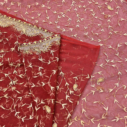 Indian Vintage Heavy Wedding Maroon Dupatta Net Mesh Long Stole Hand Embroidered Scarves Golden Zardozi Zari Sequins Dridal Veil Hijab