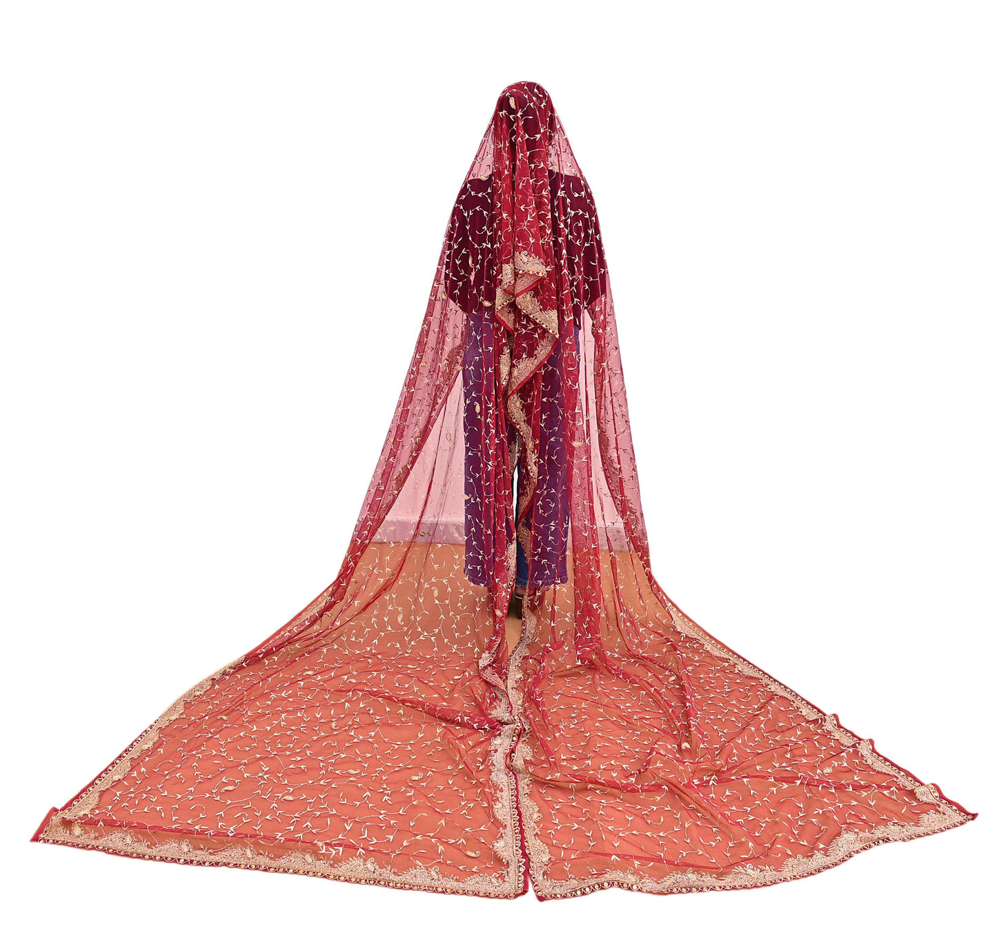 Indian Vintage Heavy Wedding Maroon Dupatta Net Mesh Long Stole Hand Embroidered Scarves Golden Zardozi Zari Sequins Dridal Veil Hijab